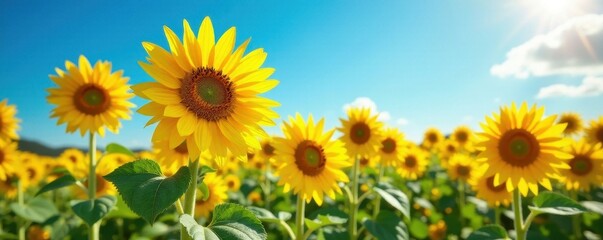 Obraz premium Sunflowers bursting, vibrant yellow petals against azure sky, flower, golden, beautiful