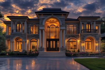 A Majestic Stone Mansion Glows Warmly Under A Twilight Sky, Its Grand Entrance Inviting And Elegant, Bathed In Soft Golden Light Reflecting On The Wet Pavement