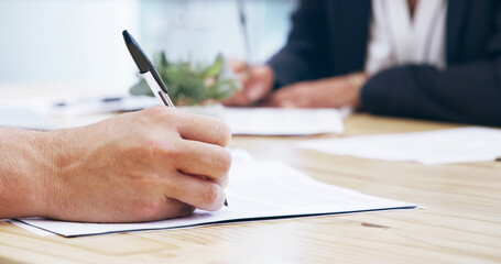 Signature, documents and hands of advisor with client in office for credit portfolio, investment...