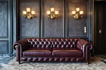 A Rich Burgundy Leather Chesterfield Sofa Sits Majestically In An Elegant Room, Illuminated By Antique-style Wall Sconces, Casting A Warm Glow