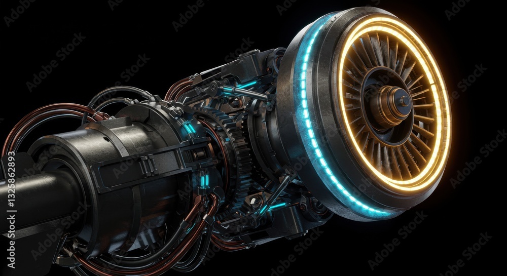 Poster futuristic engine design: advanced turbine technology with illuminated components