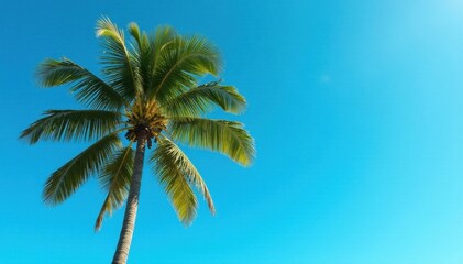 Tall coconut palm tree against vibrant blue sky, image, landscape