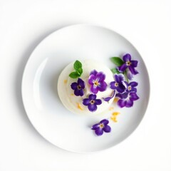 Elegant dessert presentation on a white plate adorned with vibrant purple flowers and fresh green mint leaves.