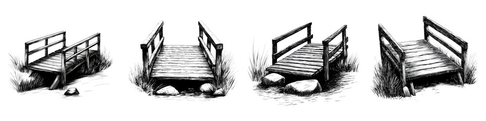 Fototapeta premium Rustic wooden footbridge crossing over a peaceful tranquil stream in a natural forest landscape The old wooden planks and rails lead the way through the lush greenery and rocky terrain