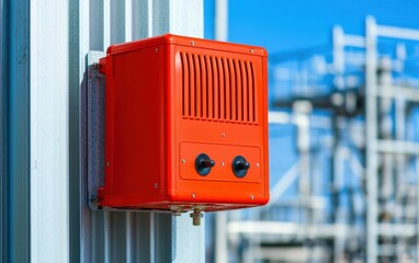 A bright red alarm box mounted on a metal wall, with a clear blue sky and industrial structures in the background.