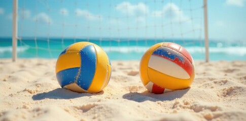 Obraz premium Two volleyballs on sandy beach court near net, sand dune, equipment