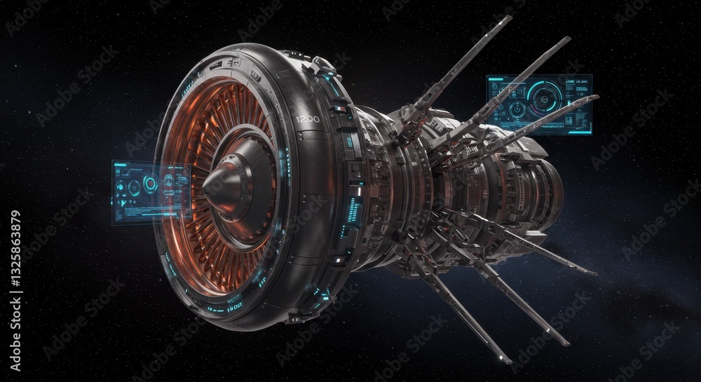 Poster futuristic spacecraft engine design: advanced propulsion system in deep space