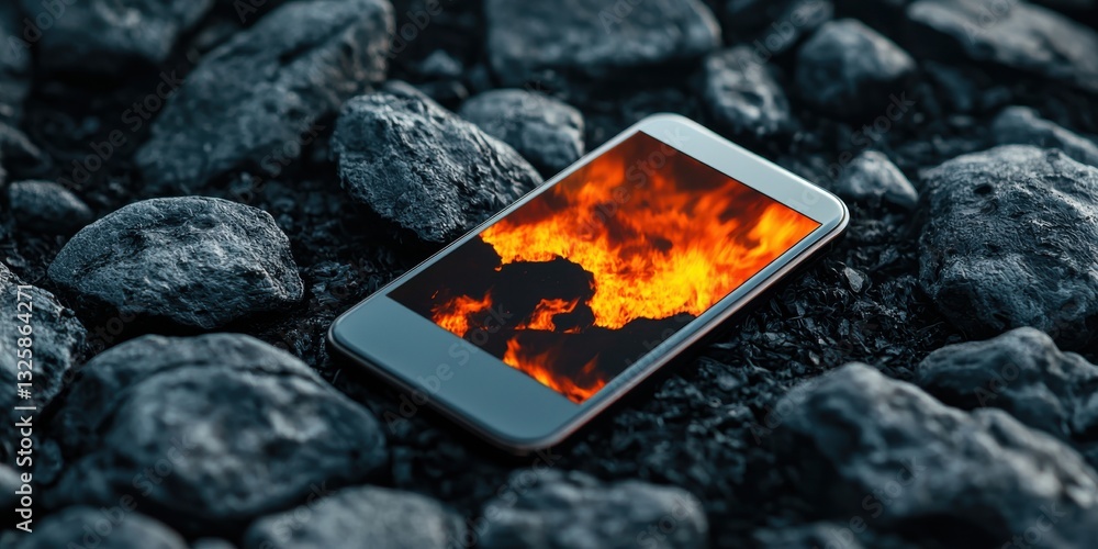Poster a smartphone displaying flames is placed on rocky ground, creating a striking contrast between techn