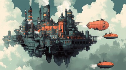 Obraz premium Floating Island City with Airships and Industrial Architecture