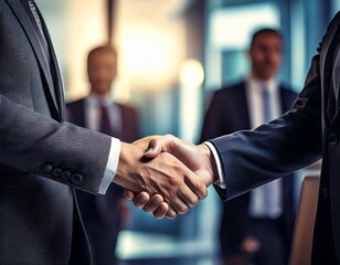 GenerateA close-up of two business professionals shaking hands in a corporate environment, symbolizing partnership and agreement - Generated imaged image
