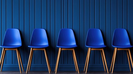 Modern blue chairs arranged against a dark wall in a stylish interior setting