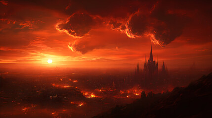 Fototapeta premium A dark red sky with few clouds of fire, a fantastical, epic landscape in the distance, a fantasy city below, concept art, cinematic, atmospheric, with volumetric lighting, high resolution, highly det