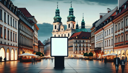 Naklejka premium Billboard Blank A prominent blank billboard in a bustling European city square, set against the backdrop of historic2