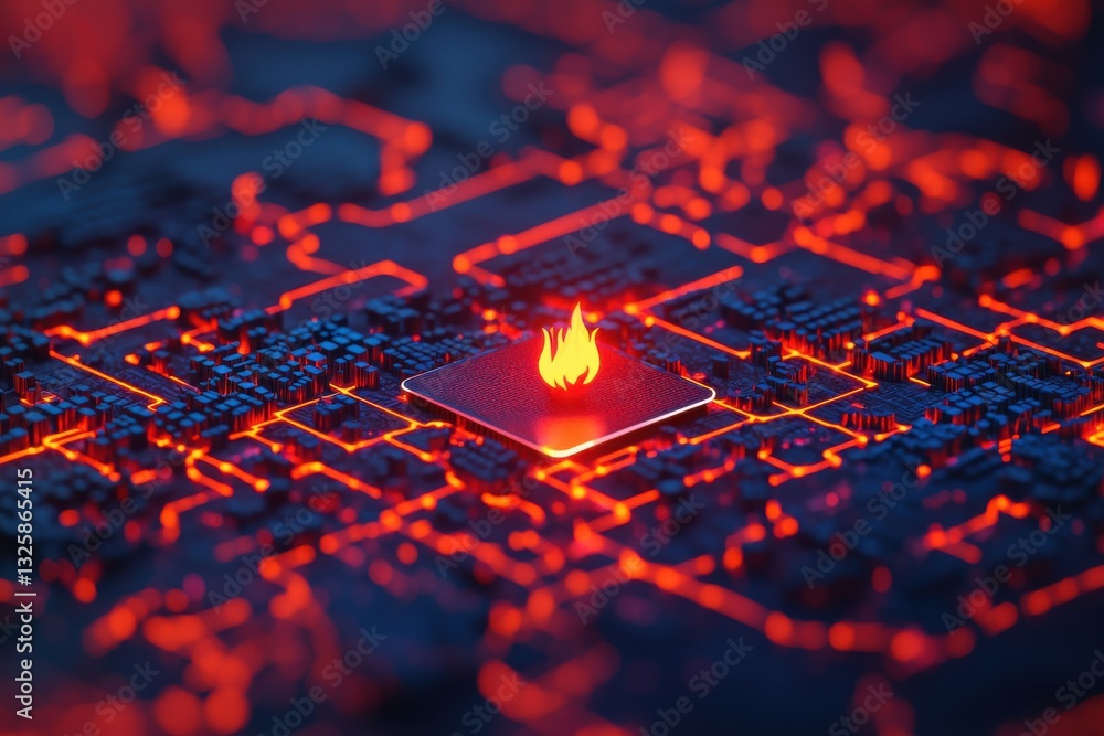 Poster a glowing microchip with a flame at its center, surrounded by a network of intricate circuit pattern
