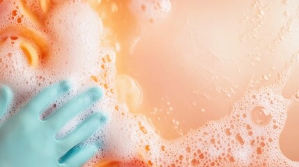 Fototapeta premium A hand covered in a blue glove scrubs dishes in warm, soapy water, surrounded by bubbles in a kitchen environment