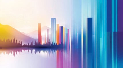 Vibrant abstract landscape with colorful vertical bars reflecting on a serene lake at sunrise