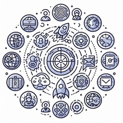 Icons orbit around a central point each with a slight offset in