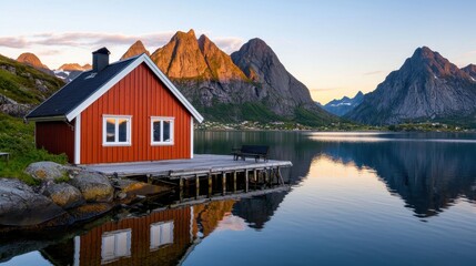 Fototapeta premium A charming red cabin sits by a serene lake, surrounded by majestic mountains under a colorful sky at dusk.