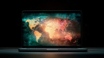Global Network Connection  Laptop Displaying World Map