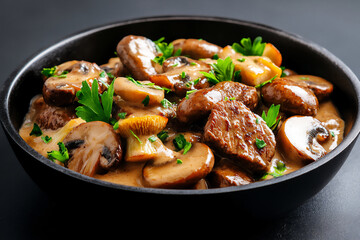 a black cast-iron pan filled with mushroom stroganoff,