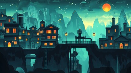 Night Village in Teal Mountains