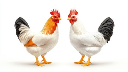 Fototapeta premium Dynamic chicken interaction farm animal photography studio setting eye-level view avian behavior insights