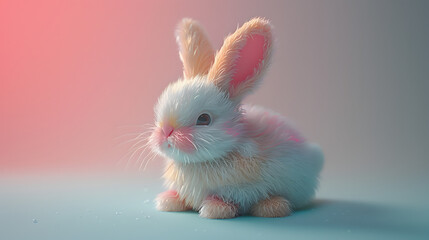 Obraz premium Adorable fluffy rabbit sitting peacefully on a soft surface with a colorful gradient background