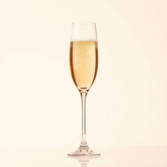 Elegant flute glass filled with sparkling wine, bubbles rising against a soft, neutral background.