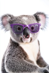 Koala wearing purple glasses posing for the camera in a bright studio setting, adorable animal portrait, wildlife photography, cute pet character.