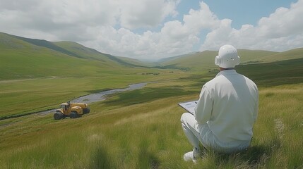 business investment concept, Man in white suit observes a machinery in a lush landscape.