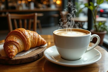 A steaming cup of coffee and a flaky golden pastry sit together