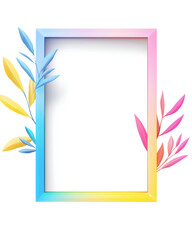 isolated transparent Background. Minimalist holographic frame with soft pastel gradient and decorative leaves