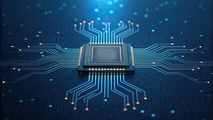 Large language models (LLM) use artificial intelligence for optimization. A close-up view of a computer chip with intricate circuitry on a blue background