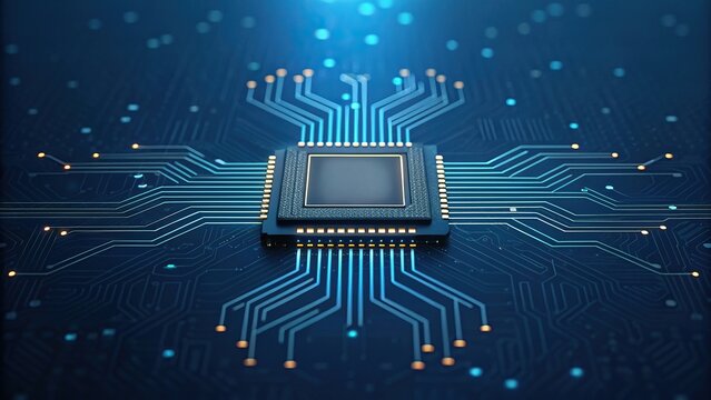 Large language models (LLM) use artificial intelligence for optimization. A close-up view of a computer chip with intricate circuitry on a blue background