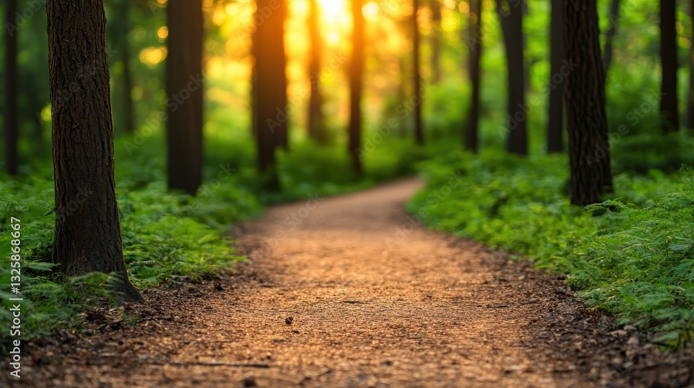 Poster A serene forest path illuminated by soft sunlight, surrounded by lush greenery and tall trees, inviting exploration and tranquility.