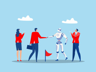 Onboarding new robot employee ,businessman manager with robot or Artificial Intelligence handshake welcome and introduce new staff to team.warm welcome to new office