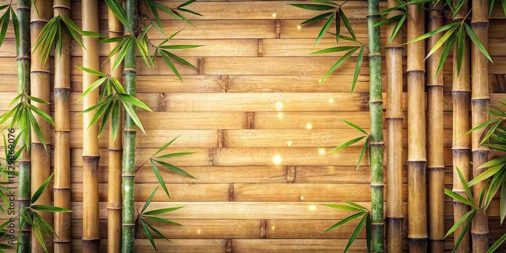 Poster bamboo flat lay with bokeh effect - natural textures and symmetrical design for creative copy space,