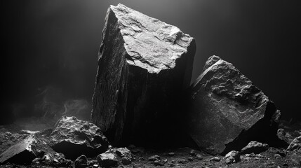 A mesmerizing close-up of an enigmatic black-and-white rock commands attention, its textured surface catching the light as it faces left, suggesting hidden stories beneath its veined exterior