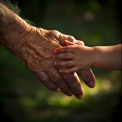 A close-up shot of an elderly person's hand gently holding a baby's hand. The image evokes themes of love, family, and generational connection.