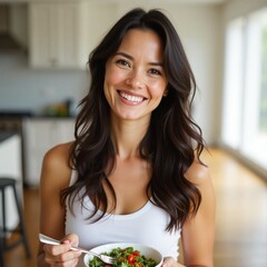 Cheerful Woman with Salad: A vibrant portrait of a smiling woman holding a bowl of fresh, colorful salad, conveying health and happiness.