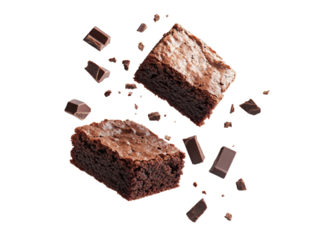 Hyper-realistic photo of brownies floating in the air with chocolate pieces scattered around on a transparent background 