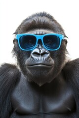 Gorilla wearing blue sunglasses posing for camera in studio against white background, animal portrait, wildlife photography, humorous animal behaviors.