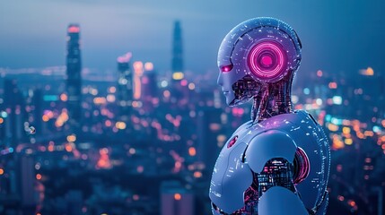 Naklejka premium business investment concept, Futuristic robot overlooking a vibrant cityscape at night.