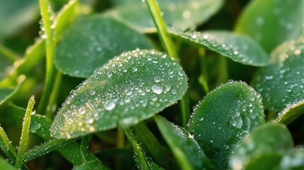 Dew Drops on Green Leaves and Grass in Early Morning Light