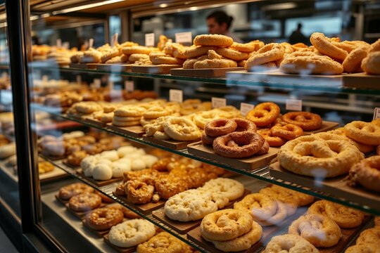 A display case showcases various baked goods in a bakery shop