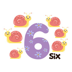 Vector image of the numbers six and six cute snails. Math for kids