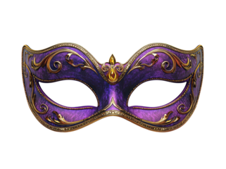 Purple and gold masquerade mask with ornate design isolated on a transparent  background in clipart illustration style