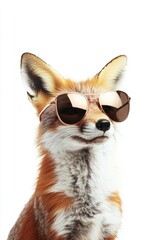 Obraz premium Fox wearing sunglasses looking cool and stylish against white background, animal portrait capturing fashion and personality in creative photography concept.
