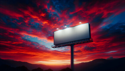 Billboard Blank A blank billboard stands tall against a fiery sky at dusk, with deep reds and blues creating a stunn3