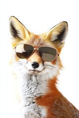 Obraz premium Fox wearing sunglasses posing confidently against a white background, stylish animal portrait, trendy wildlife photography, fun and playful nature image.